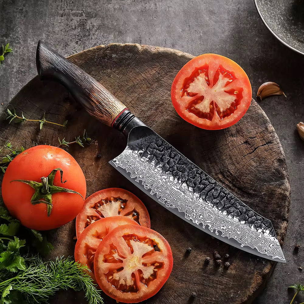 Cuchillo Santoku 7.6 pulgadas XINZUO Serie X06-RS Damasco negro 67 capas mango Roble Quemado Yakisugi filo 15 grados