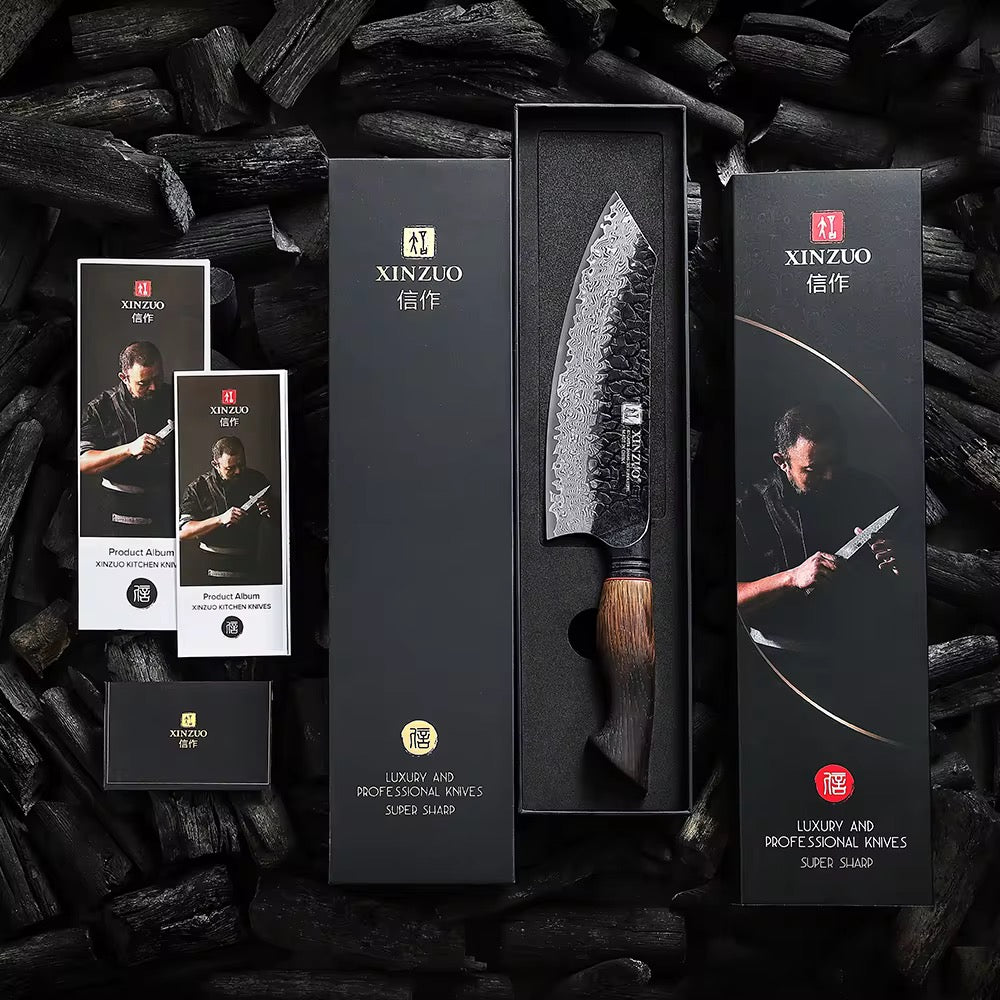 Cuchillo Santoku 7.6" · Serie X06-RS | Damasco 67C · Roble Quemado | XINZUO