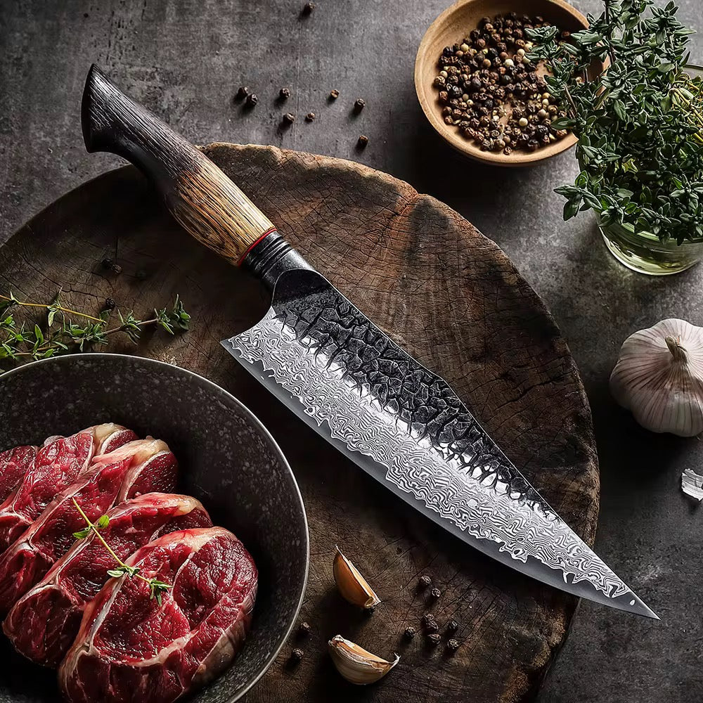 Cuchillo Chef 8.6 pulgadas XINZUO Serie X06 Damasco negro 67 capas mango Roble Quemado Yakisugi