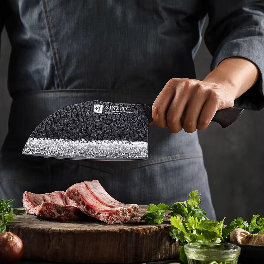 Cuchillo Hacha 7.3" · Serie X06-KG | Damasco 67C · Roble Quemado | XINZUO