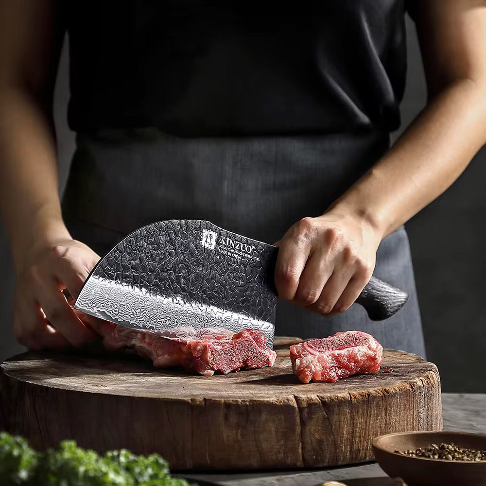 Cuchillo Hacha 7.3" · Serie X06-KG | Damasco 67C · Roble Quemado | XINZUO