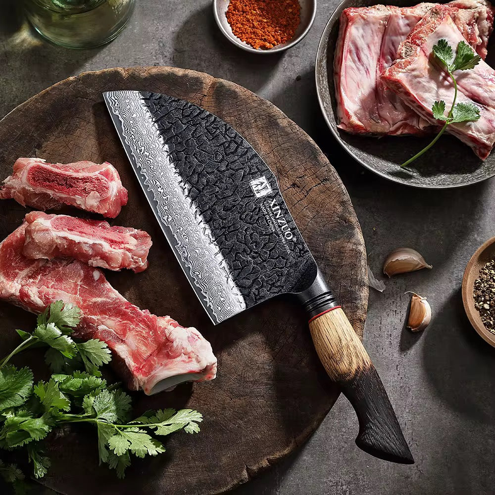 Cuchillo Hacha 7.3 pulgadas XINZUO Serie X06-KG Damasco negro 67 capas mango Roble Quemado Yakisugi