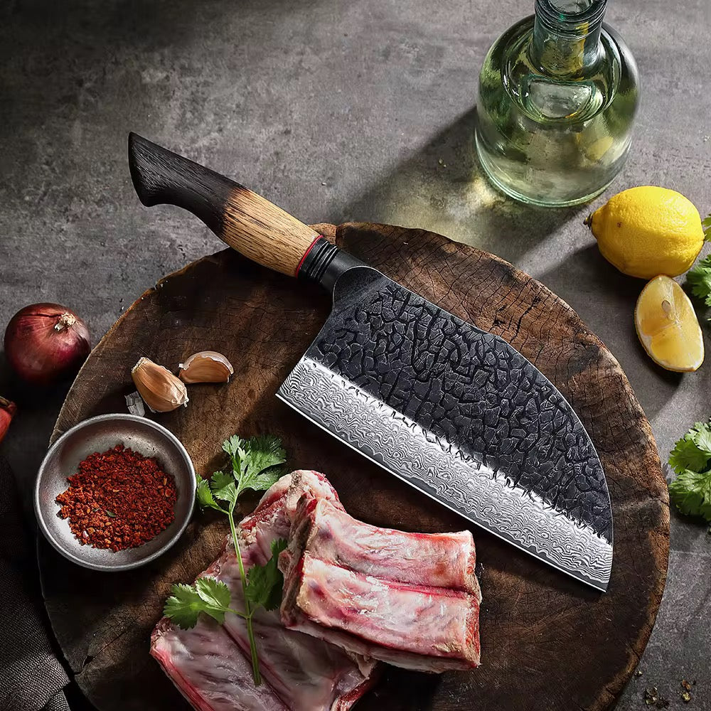 Cuchillo Hacha 7.3" · Serie X06-KG | Damasco 67C · Roble Quemado | XINZUO