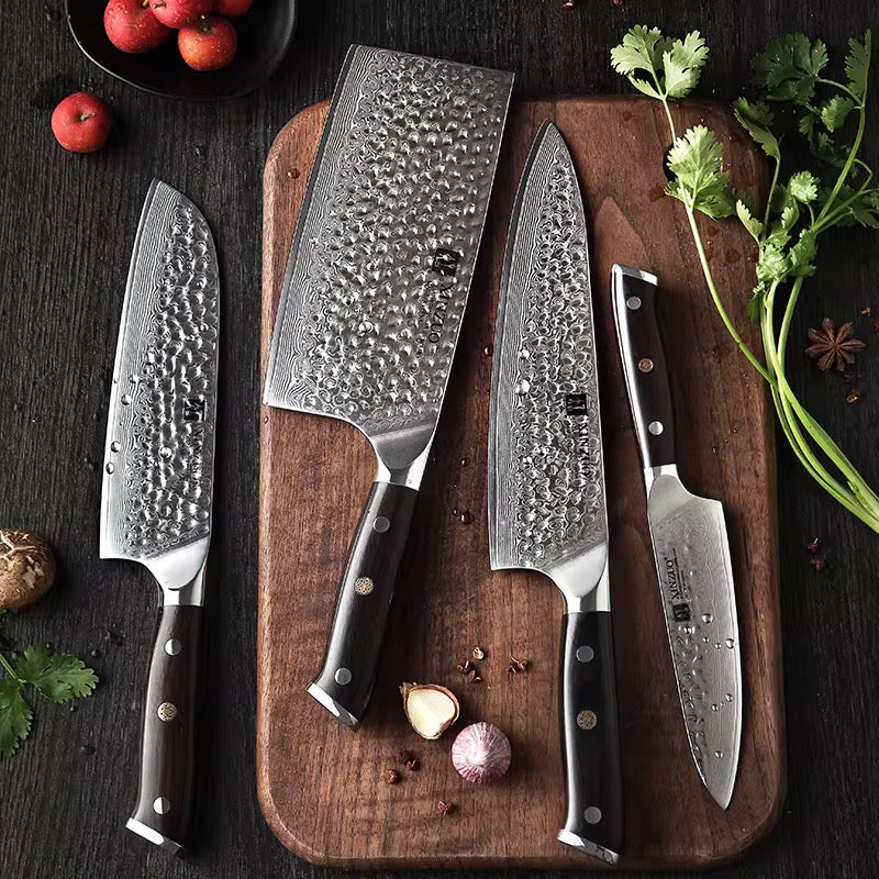 Set 4 cuchillos XINZUO Serie B13H acero Damasco martillado 67 capas mango Ébano negro estuche regalo