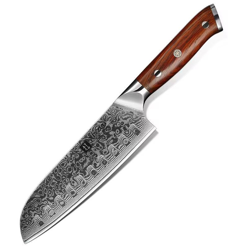 Cuchillo Santoku Xinzuo Serie Lan de acero de Damasco de 67 capas con mango ergonómico de madera de rosa.