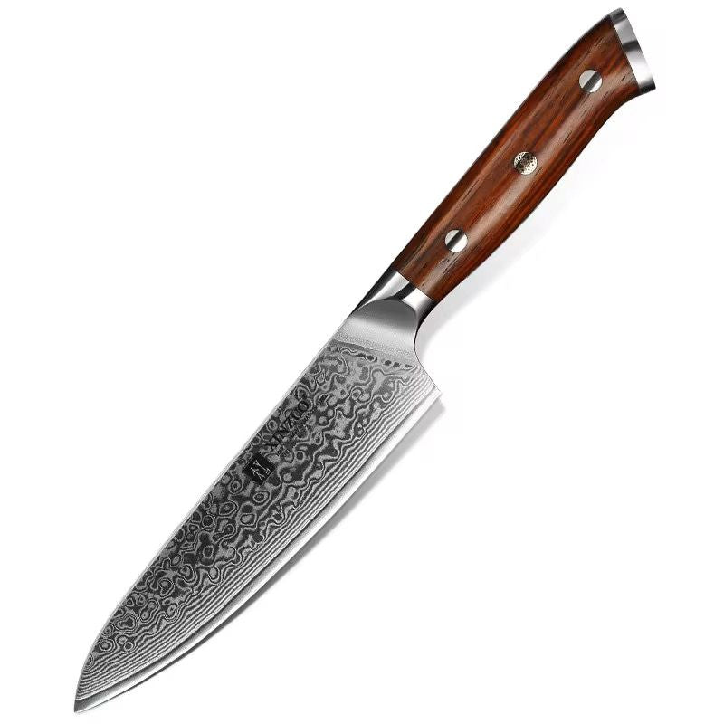 Cuchillo de chef Xinzuo en acero Damasco de 67 capas con patrón ondulado y mango ergonómico de madera Rosewood.