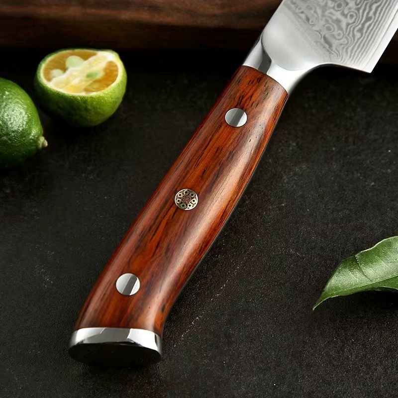 Mango de madera Rosewood de cuchillo Chef Xinzuo en acero Damasco con remaches y hoja forjada.