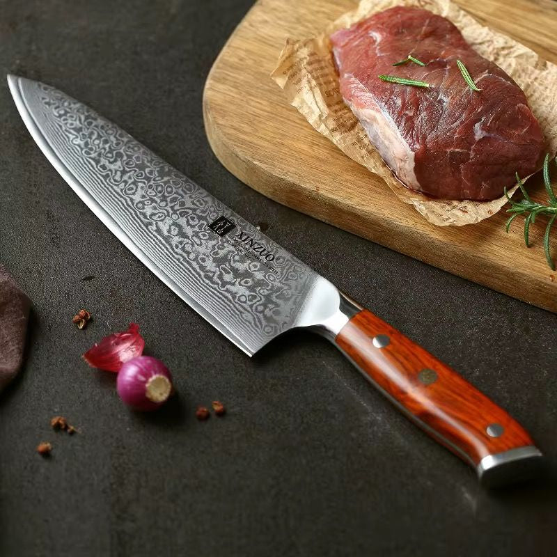 Cuchillo Chef 8" XINZUO Serie B13R acero Damasco 67 capas mango Madera de Rosa filo 15 grados